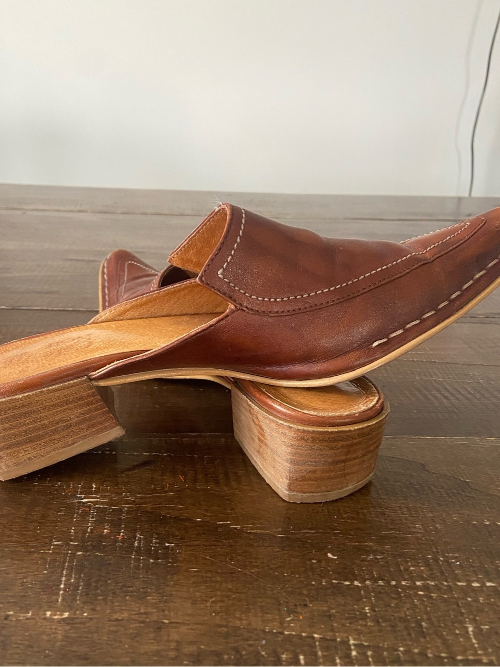 Cafe Noir Leather brown pointed toe slip on mules, size 37, western/cowboy style